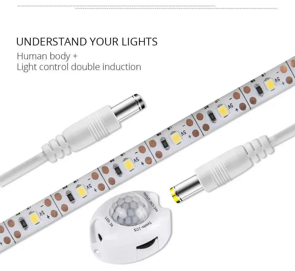 Motion-sensor under-cabinet LED strip light by Simples Market with white LEDs and 12V DC adapter