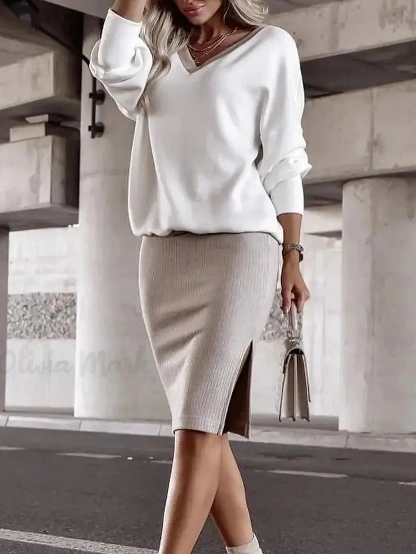 Autumn Winter Two Piece Set Loose V Neck Sweatshirt And Tight Skirt