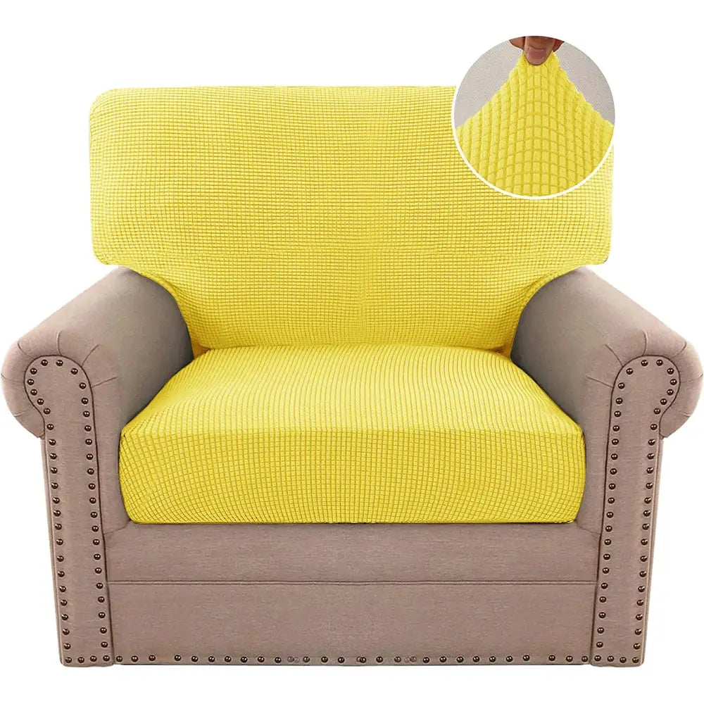 Jacquard polar fleece stretch sofa cover in bright yellow on beige armchair