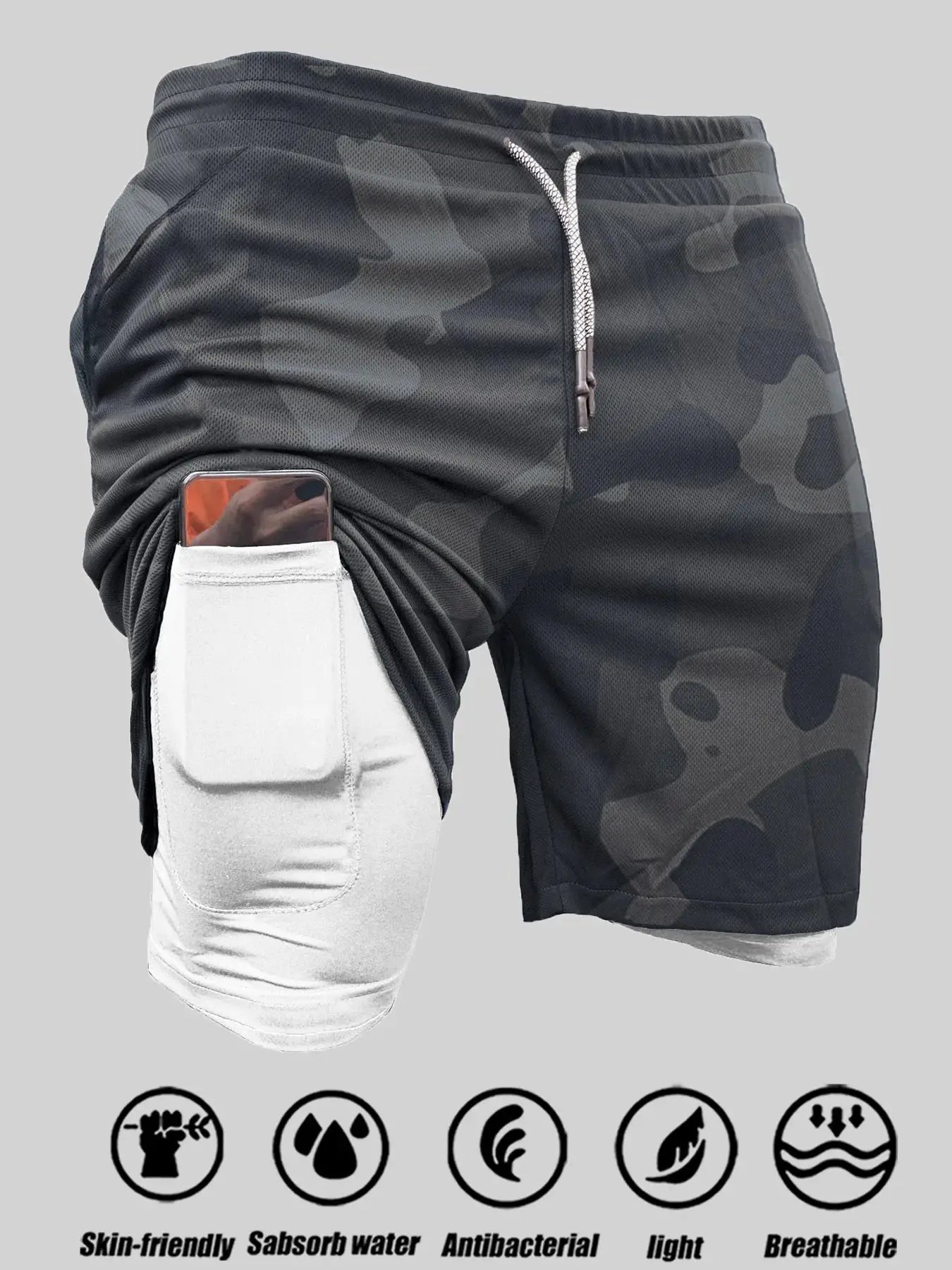 Men's 2-in-1 camouflage sports shorts with phone pocket; quick-dry, breathable fabric by Simples Market