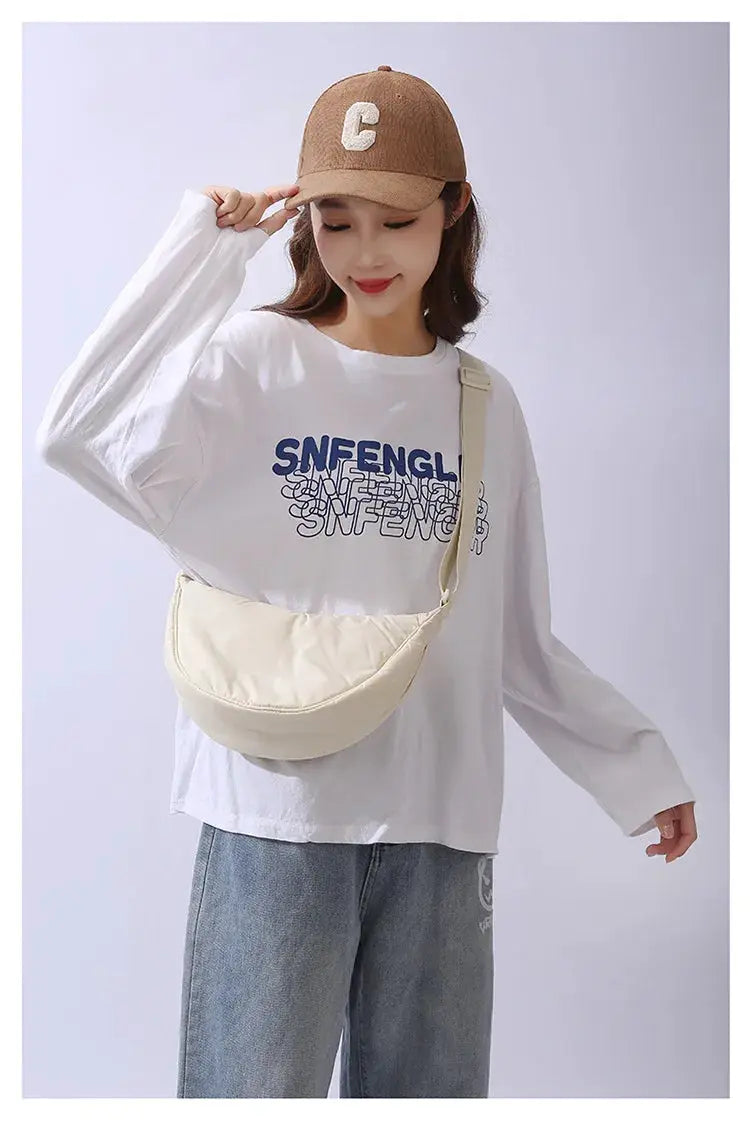 Crossbody bag from Simples Market, cream nylon padded shoulder purse with beige strap
