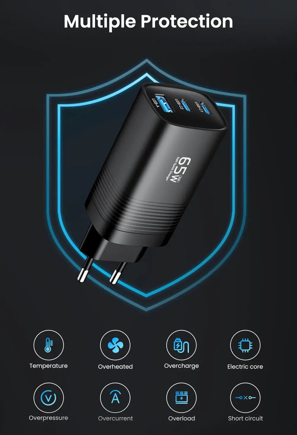 Simples Market ASOMETECH GaN USB-C charger 65W, black, 3-port fast charger