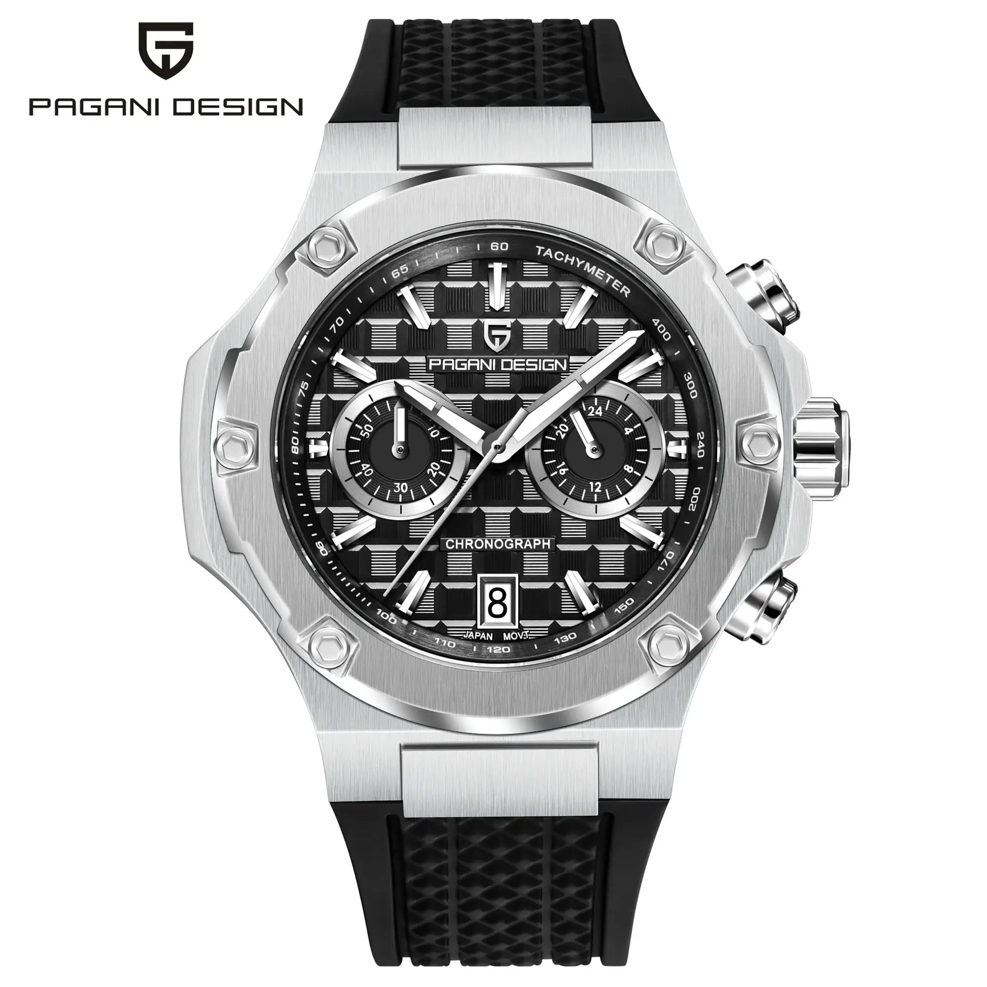 PAGANI DESIGN men's chronograph watch with stainless steel case and black fluororubber strap.