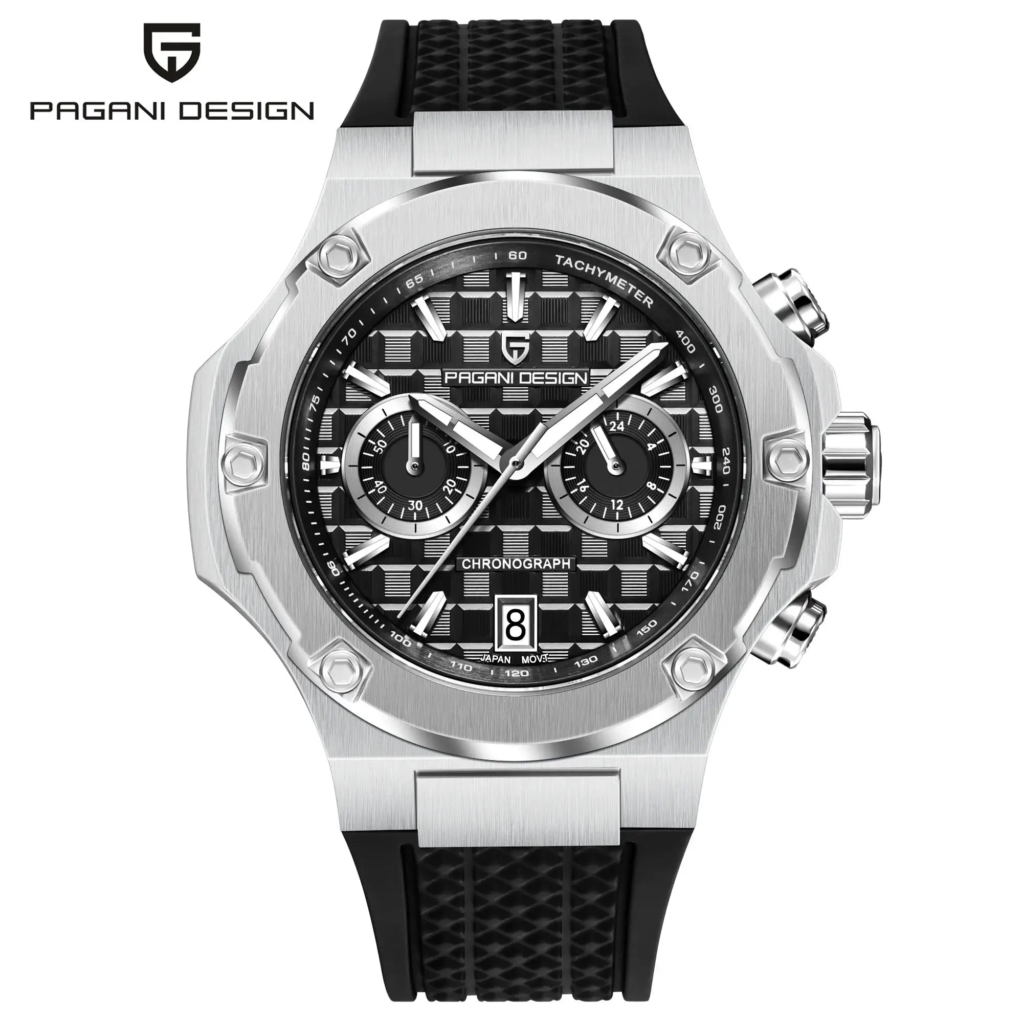 PAGANI DESIGN men's chronograph watch with stainless steel case and black fluororubber strap.
