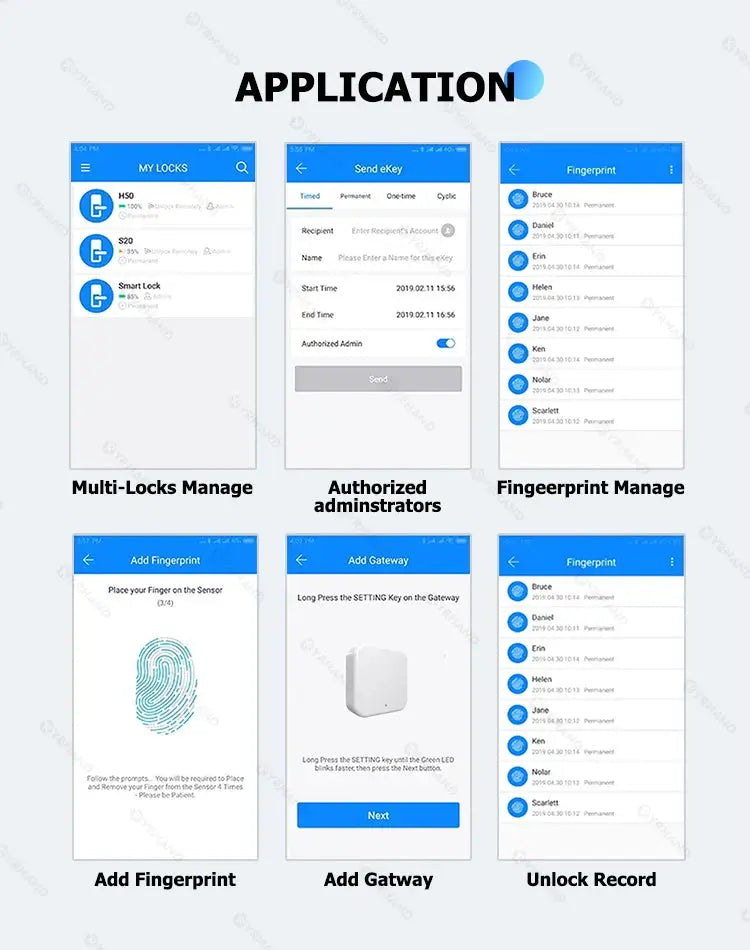 TTlock Smartkey Lock Box app UI by Simples Market; six blue screenshots showing multi-locks, fingerprint, gateway