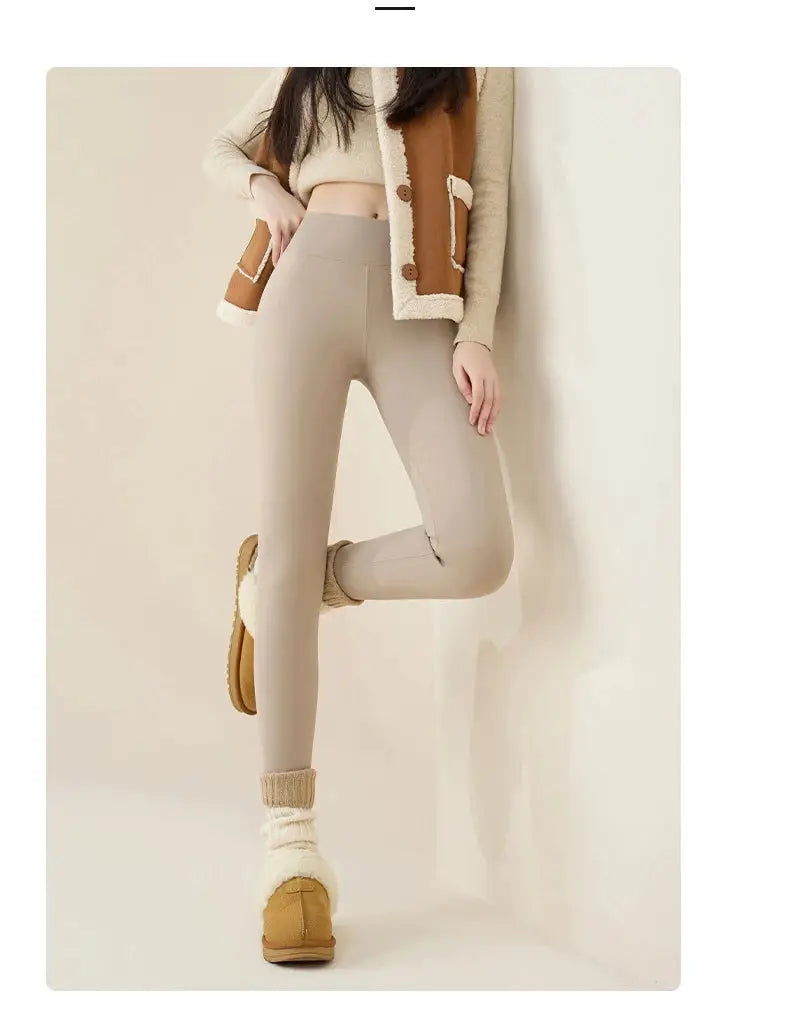 Fleece-lined sharkskin leggings for women, brown, by BIVIGAOS, warm full-length casual tights.