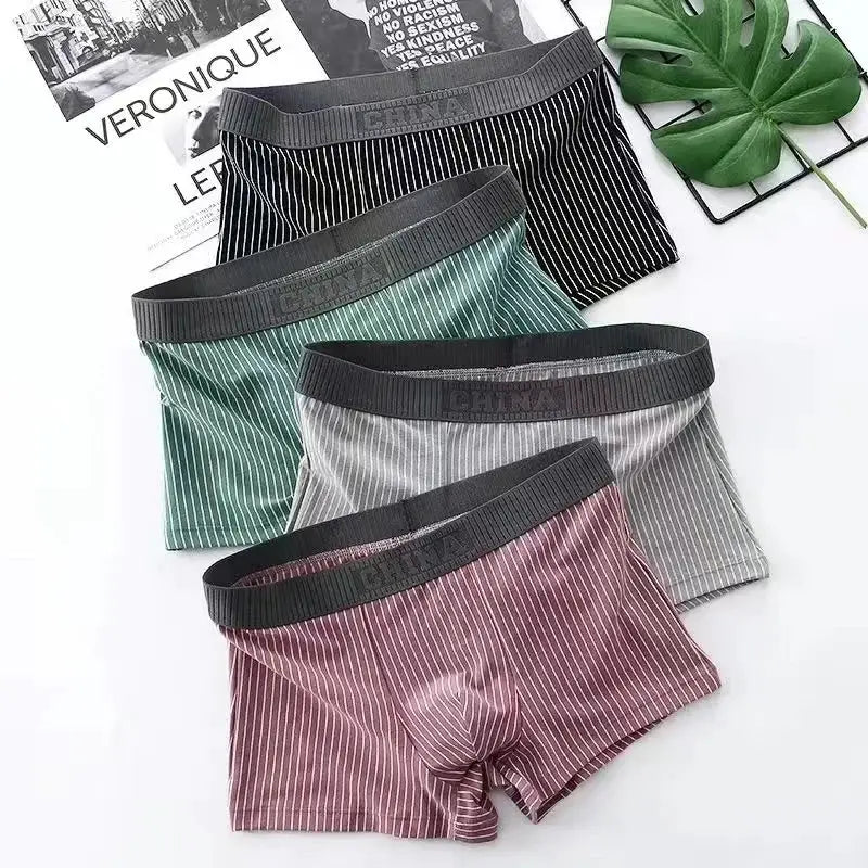 4-pack men's striped boxer shorts in black, green, gray, and burgundy cotton with elastic waistband, Simples Market