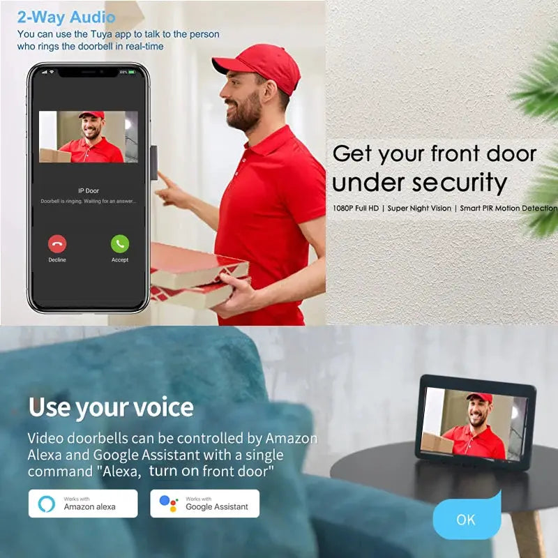 Tuya Smart 1080P WiFi video doorbell with intercom; two devices shown and compatible with Alexa and Google Assistant