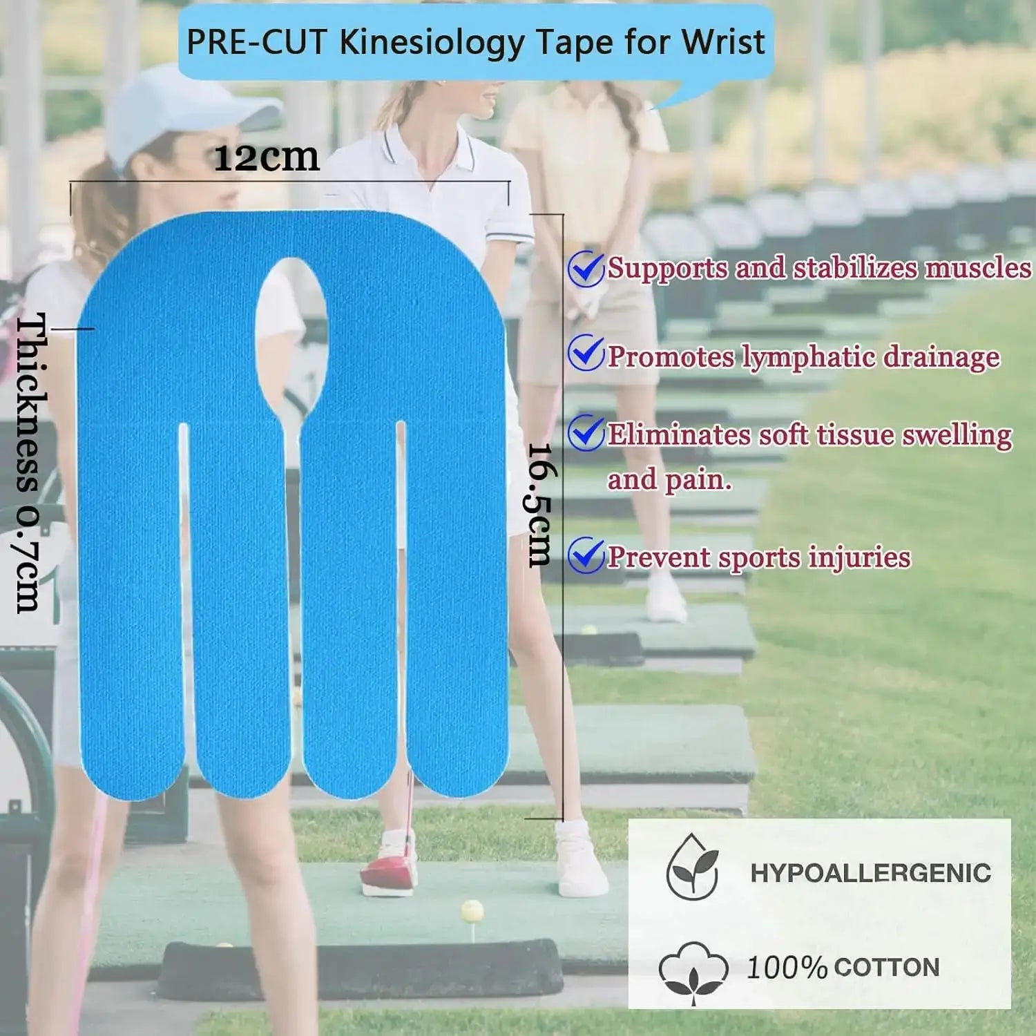 Kinesiology tape for wrist, 12pcs blue pre-cut, Simples Market, latex-free breathable athletic tape