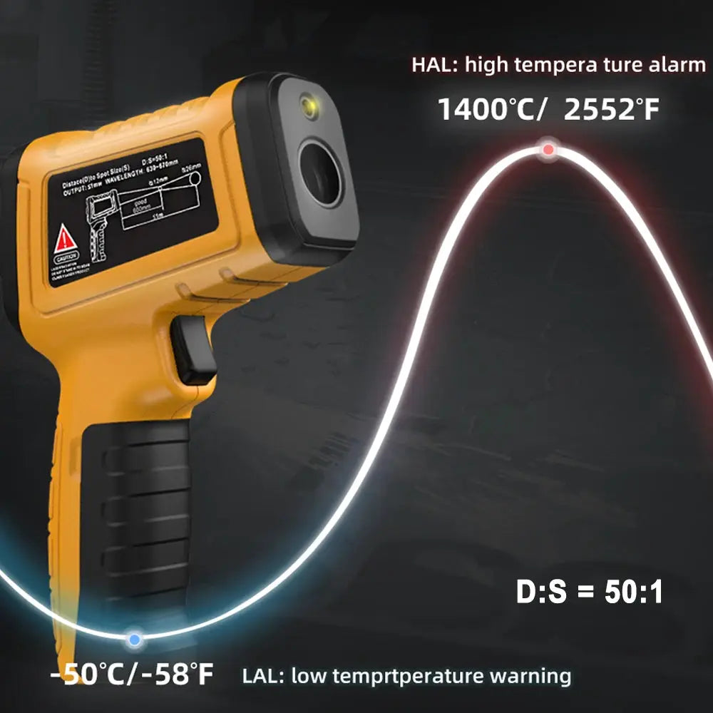 BSIDE infrared thermometer, yellow handheld with LCD display and non-contact laser