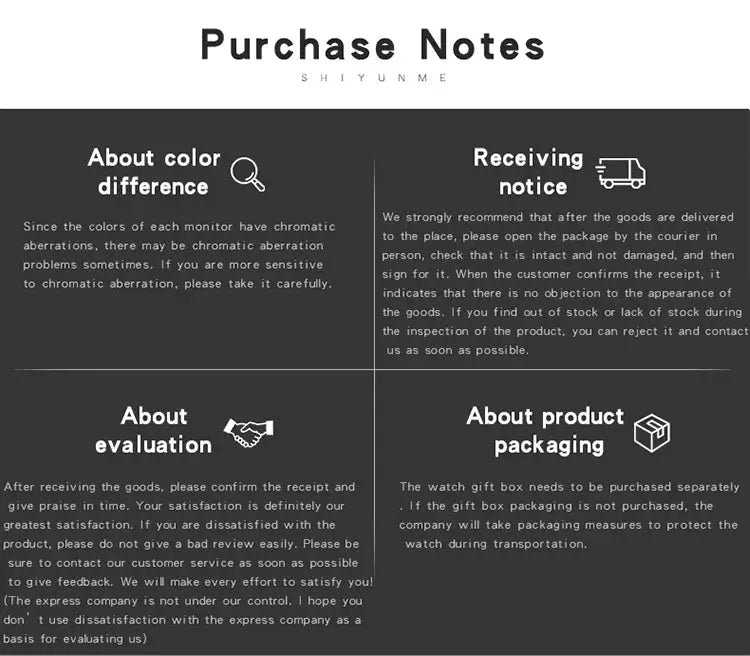SHIYUNME Purchase Notes with four sections on color difference, delivery notice, evaluation, and packaging.