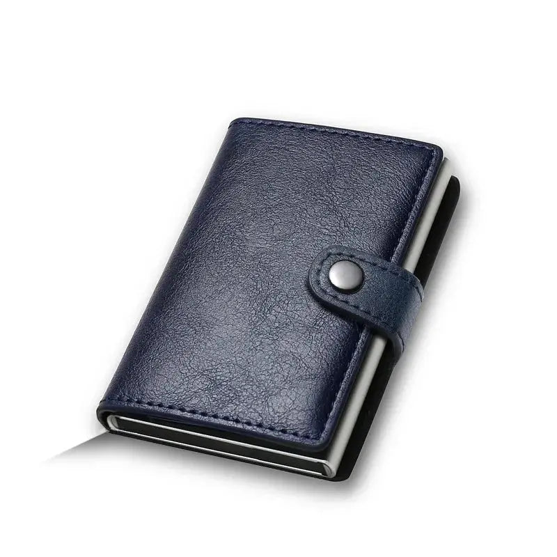 Blue leather card holder wallet with snap strap and metal edge