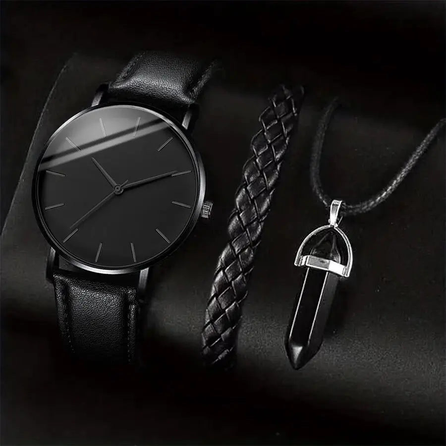 Nova 3 Piece Mens Analog Quartz Watch Set With Leather Bracelet And Necklace Included For Versatile Business Casual Wear
