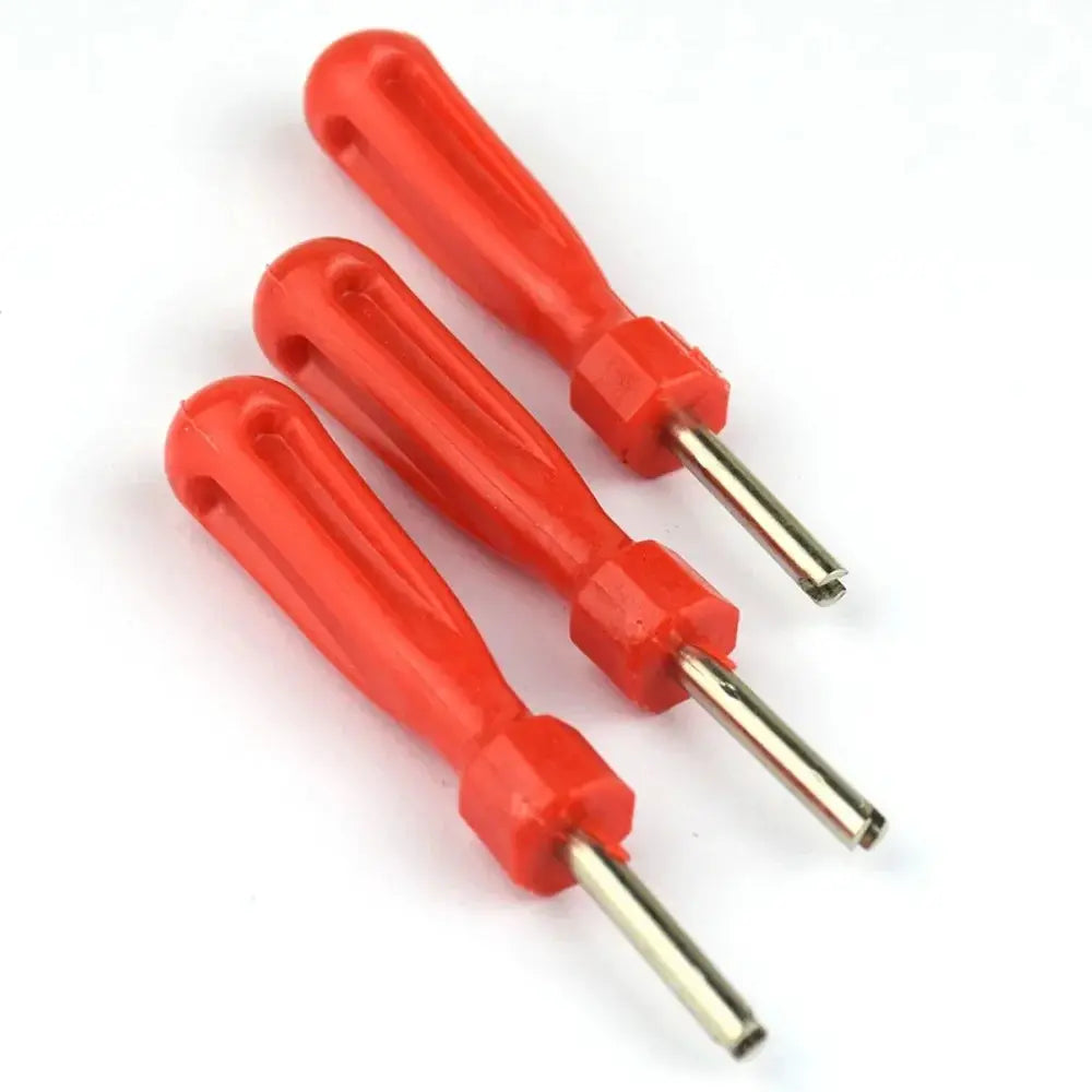 Valve core removal tools set with red plastic handles and zinc-plated shafts, 3-piece