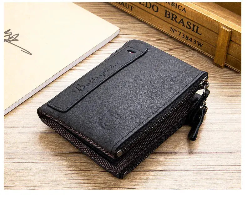 BULLCAPTAIN retro leather men's wallet with zipper closure, black RFID card holder