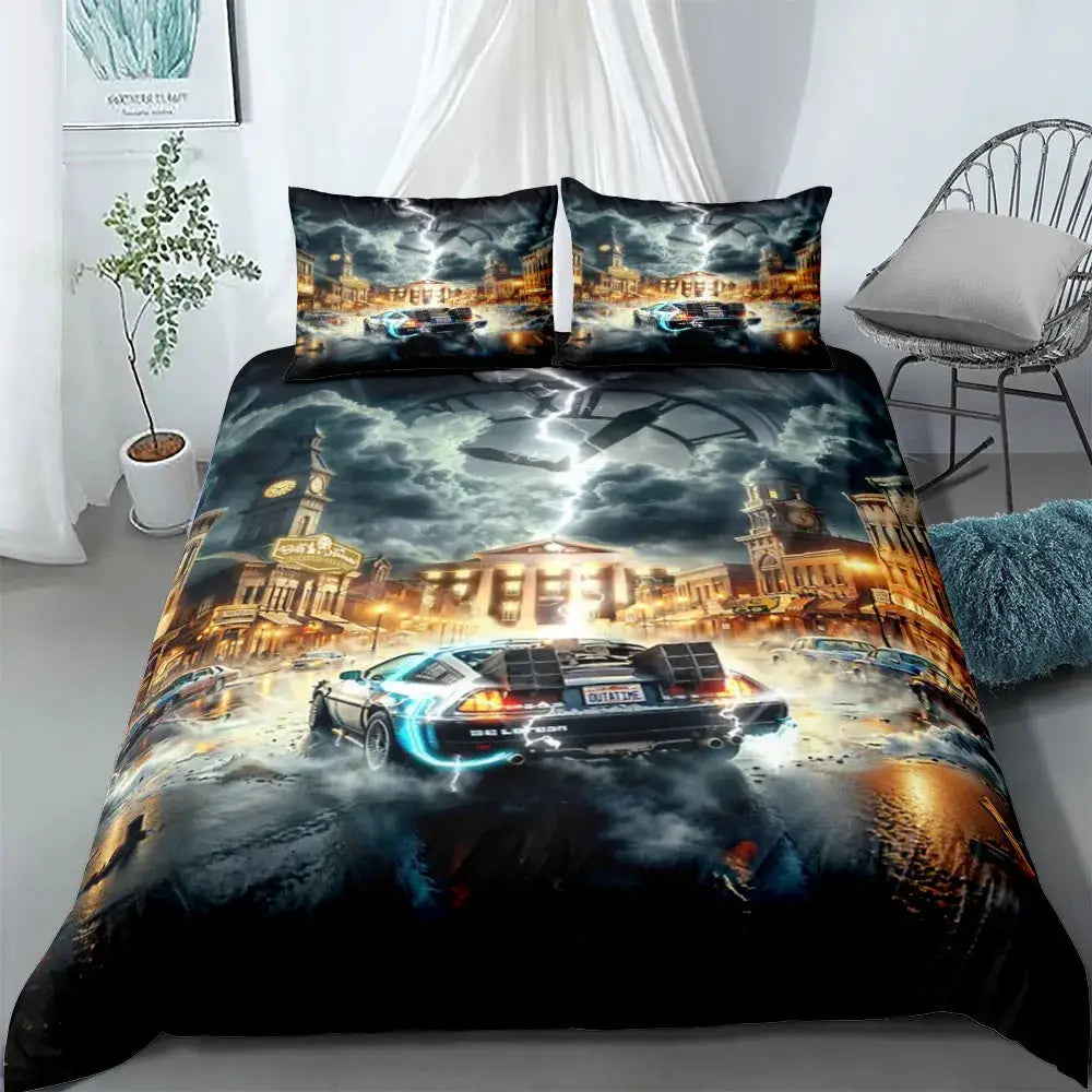Strange Duvet Cover Set by Simples Market; cityscape racing car print on black/blue fabric with two pillowcases.