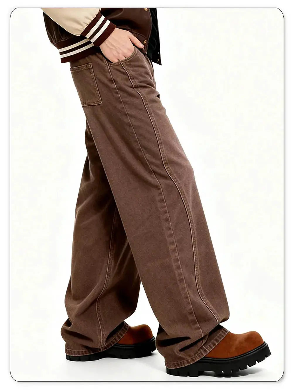 Simples Market Men's brown casual baggy wide-leg denim jeans, loose fit