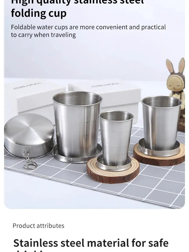Stainless steel telescopic folding camping cups, set of 3 with wooden bases.