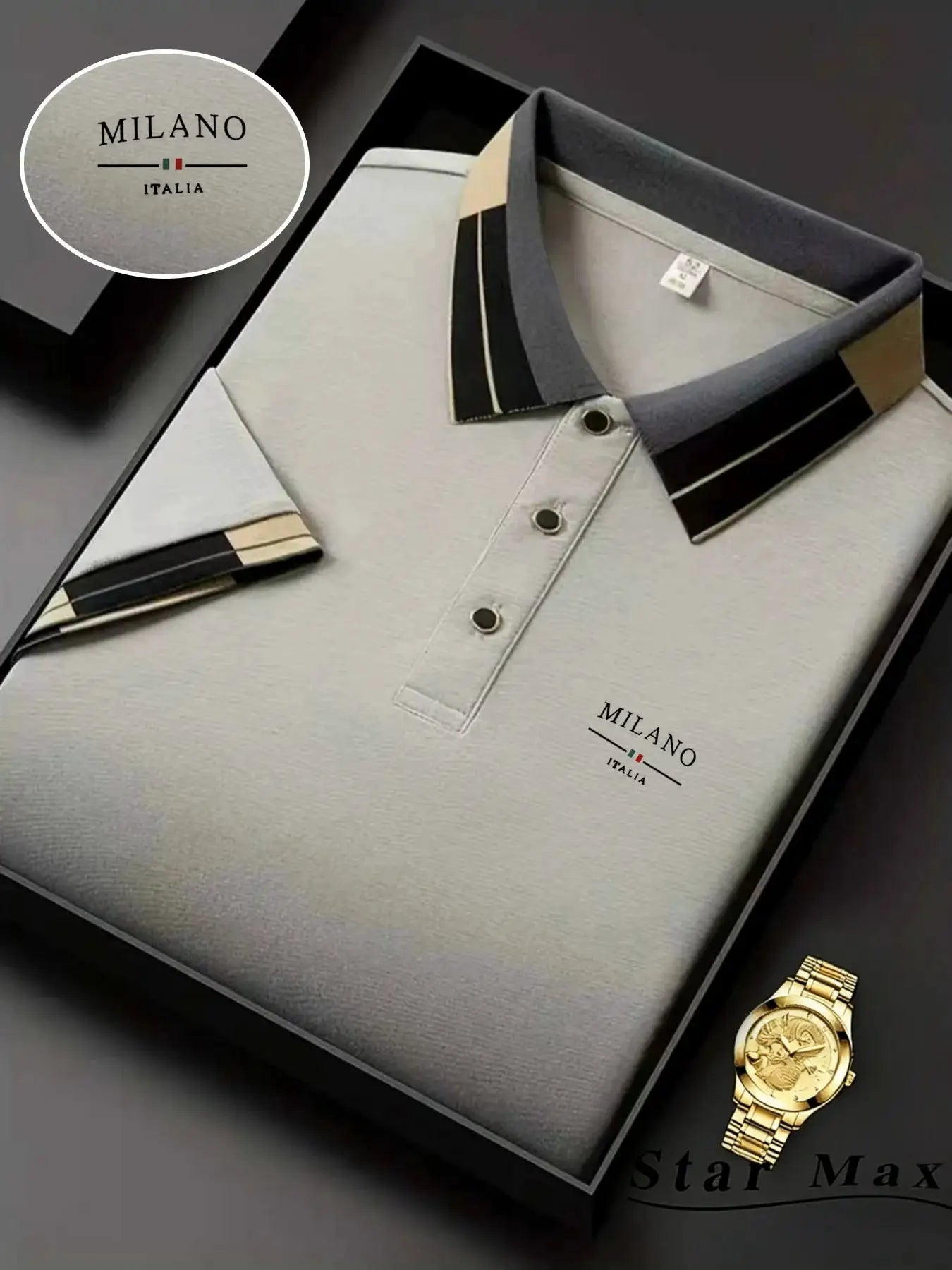 Men's luxury polo shirt in light gray with a dark collar and striped accents; Milano Italia branding.