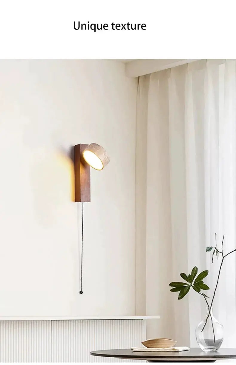 Bedside wall lamp in walnut wood with rotatable LED head and pull-cord switch, warm light