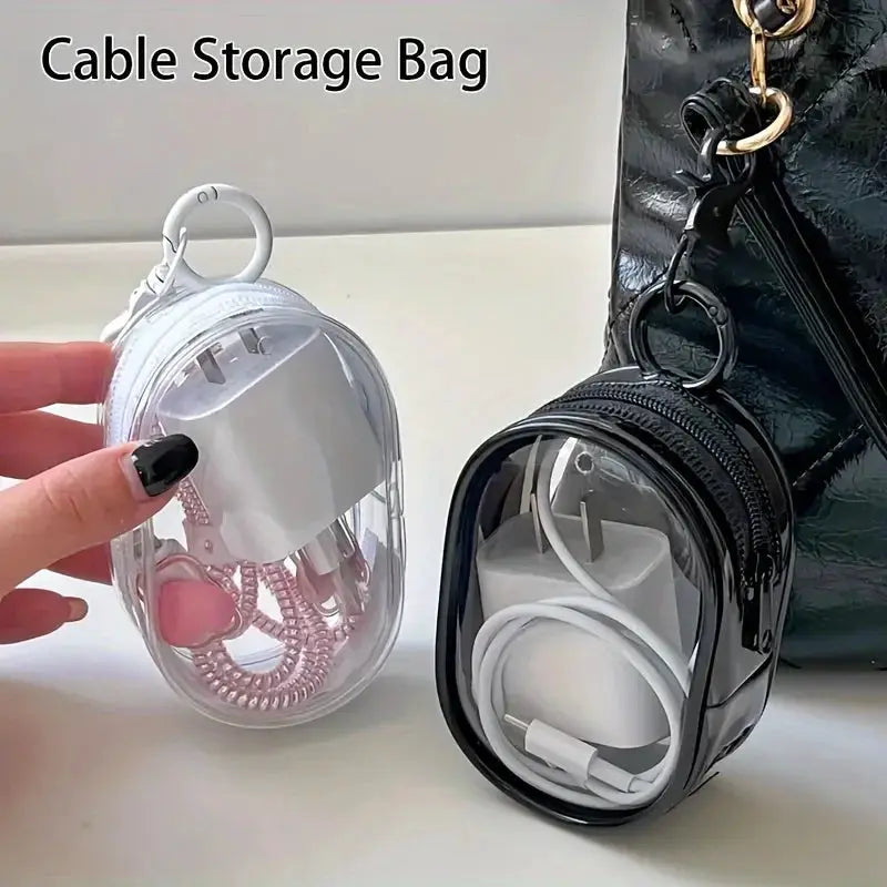 Silicone Clear Zipper Storage Bag Portable Mini Organizer For Earphones Chargers With Keychain Loop