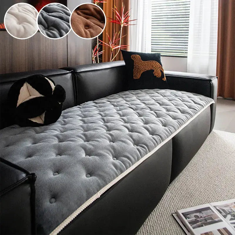 Grey flannel tufted sofa cushion with white piping; all-season anti-slip seating cushion