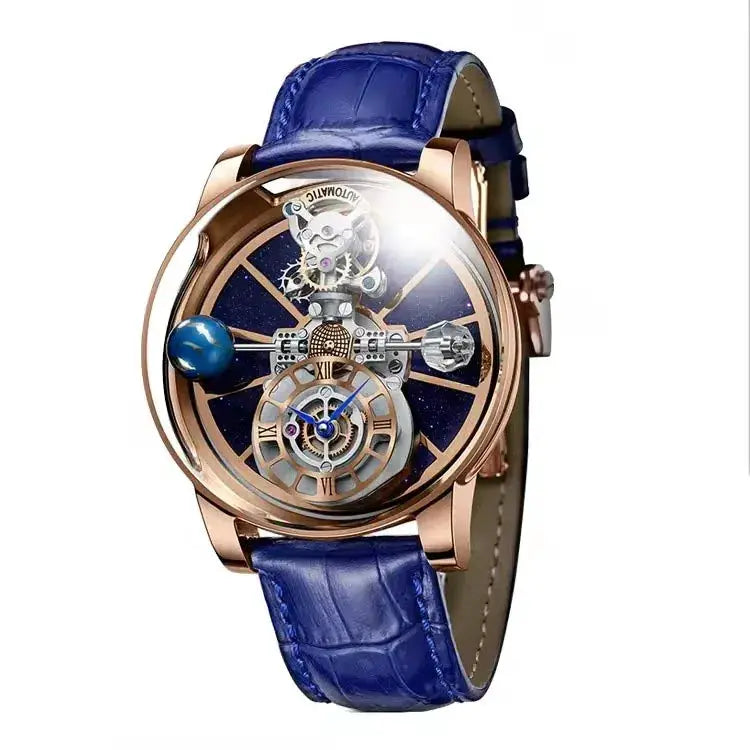 PINDU Design men's wristwatch with rose-gold case, blue leather strap, transparent skeleton dial