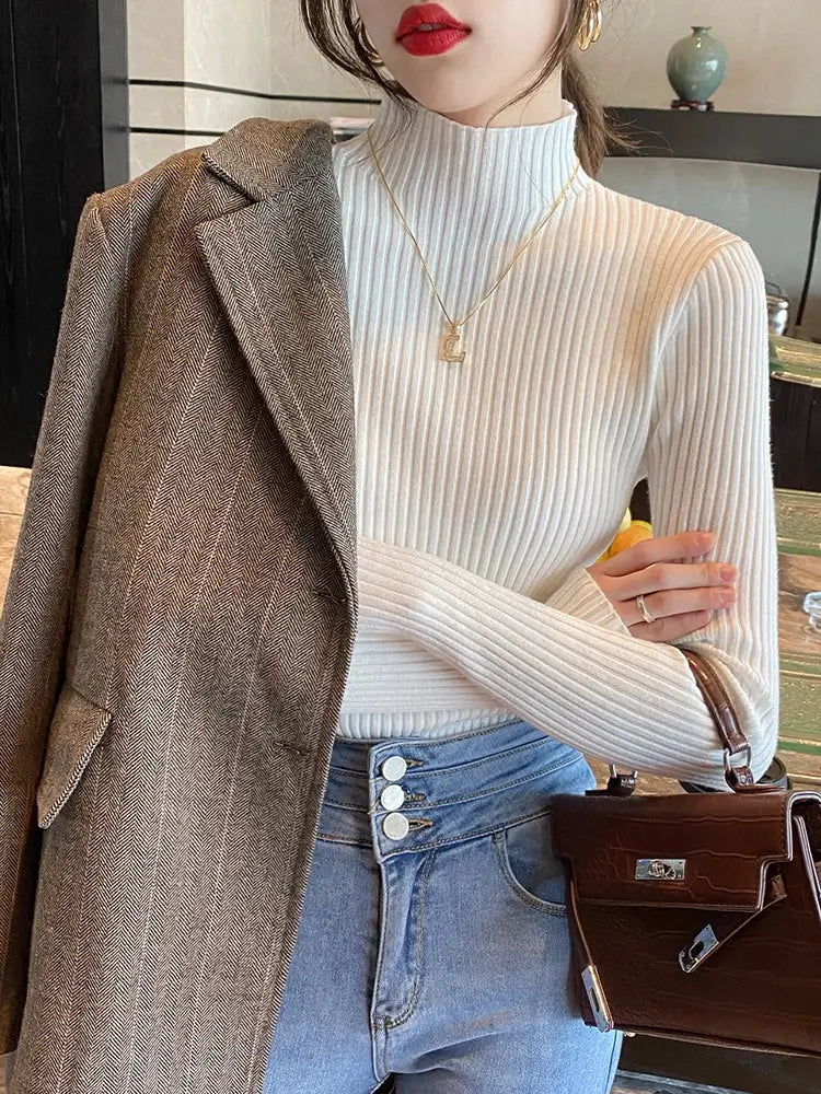 Elegant Solid Basic Knitted Turtleneck Sweater For Women Long Sleeve Slim Casual Pullover Korean Fashion Chic