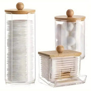 EverEco Acrylic Bathroom Organizer Set With Clear Lids And Bamboo Covers For Cotton Balls And Swabs
