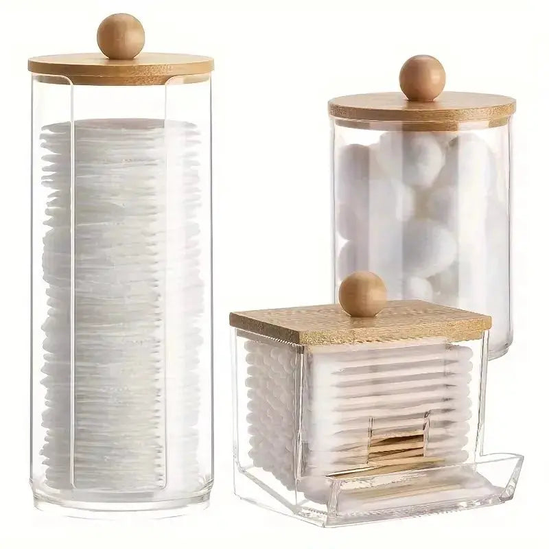 EverEco Acrylic Bathroom Organizer Set With Clear Lids And Bamboo Covers For Cotton Balls And Swabs