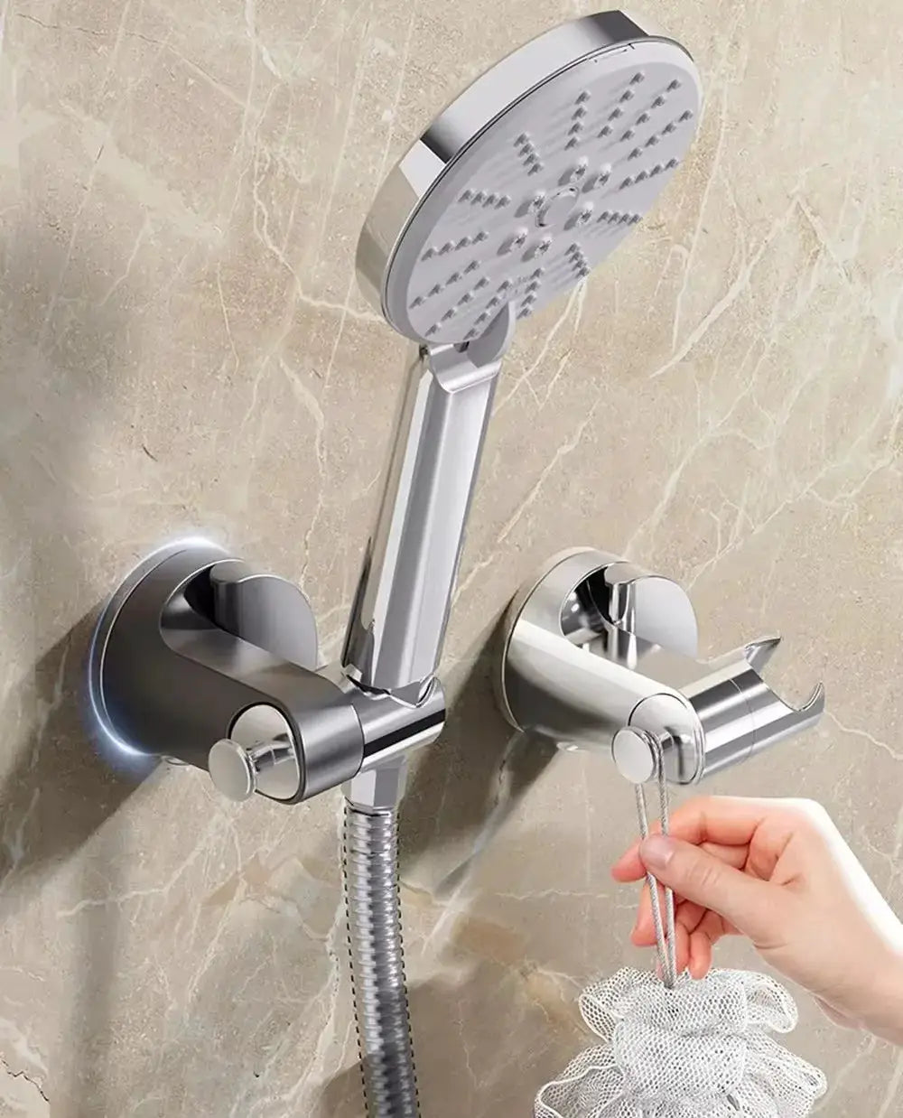 Shower head holder with 360° adjustable arm, chrome finish, suction cup mount by Simples Market