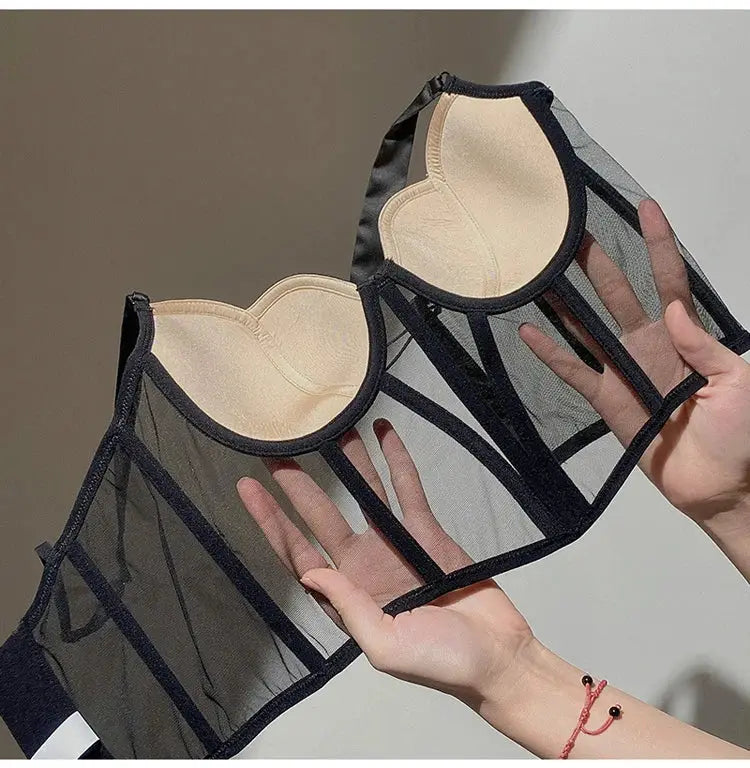 Meet'r women's sheer mesh push-up bra with beige cups and black fishbone corset panels