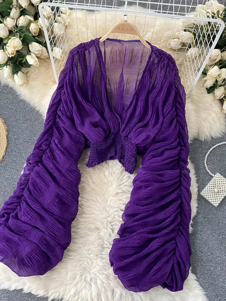 Purple draped chiffon blouse with V-neck and puff long sleeves, Simples Market