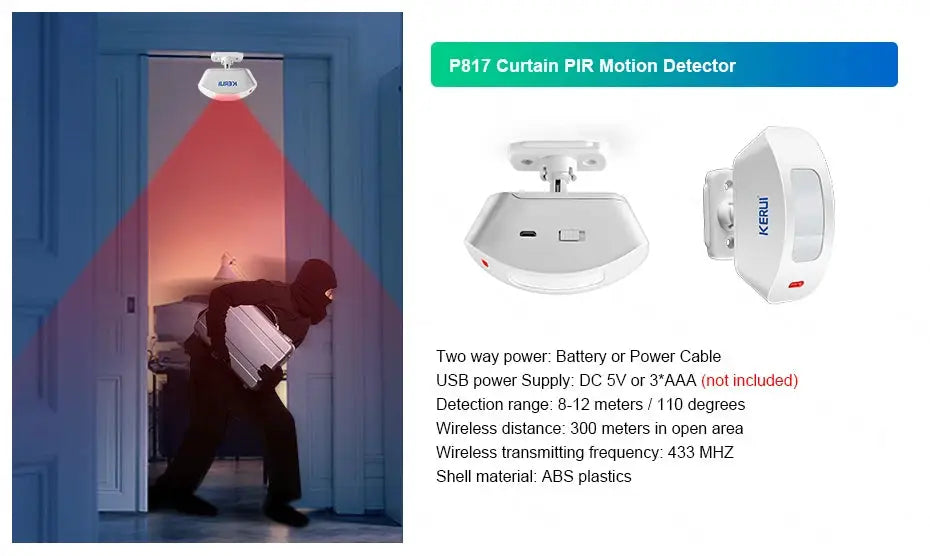 KERUI W184 white alarm system unit with PIR motion detector; wireless 4G/WiFi/GSM security sensor