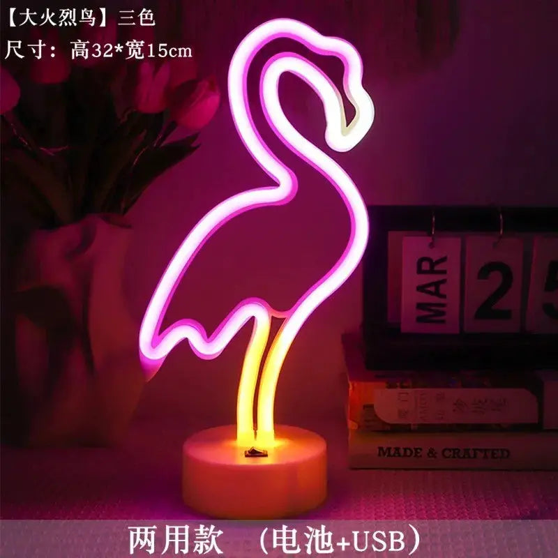 Neon sign USB LED flamingo lamp with pink outline and yellow base, decorative light for kids room
