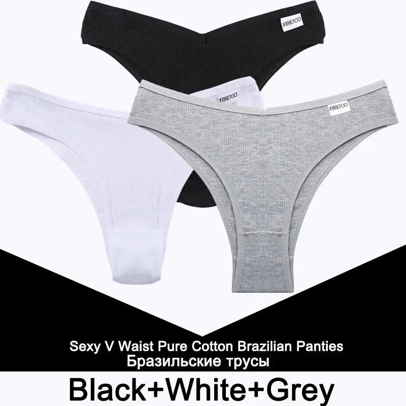 Finetoo 3-pack women's cotton thong underwear in black, white and grey