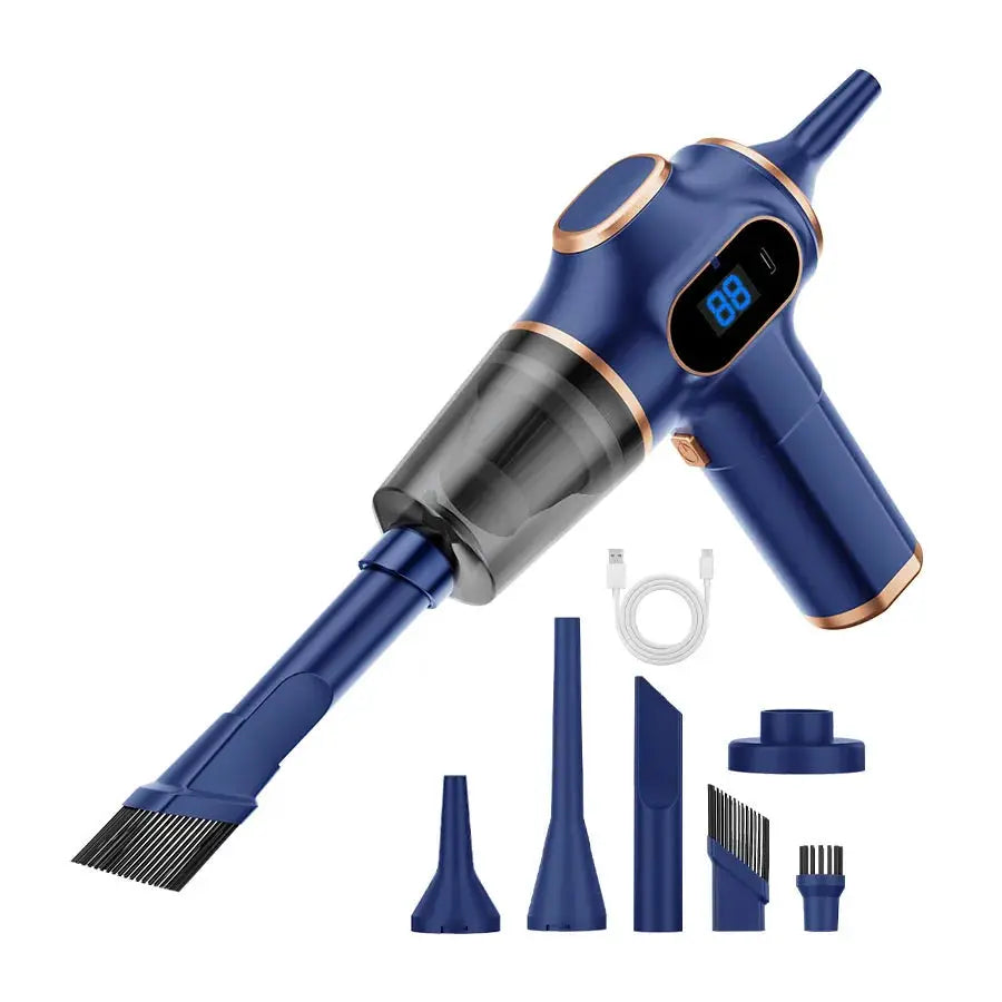 ABS wireless car vacuum cleaner by Simples Market, blue cordless handheld with gold trim and attachments