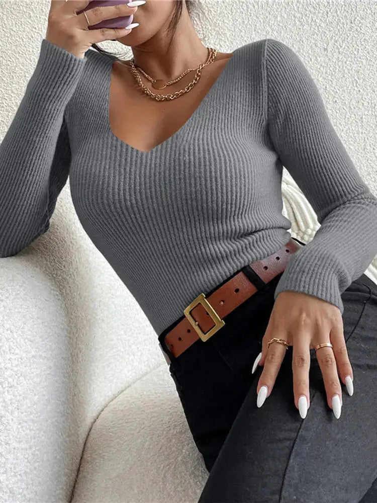 Autumn Winter 2026 Women Solid Rib Knit V Neck Stripe Pullover Sweater Y2K Long Sleeve Top