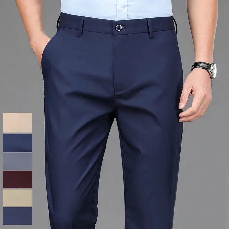 Men's stretch solid navy dress pants; color swatches shown.