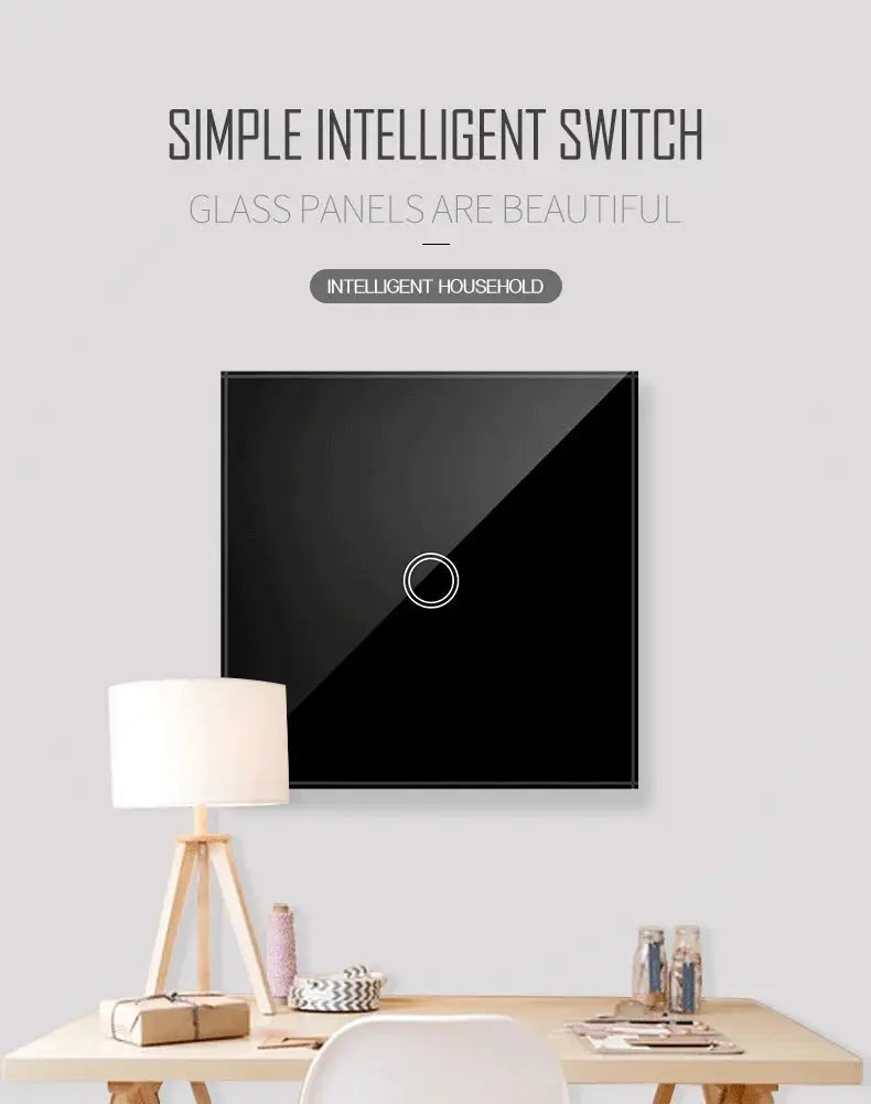 AXUS EU touch switch panel, LED-backlit tempered crystal glass, black wall switch