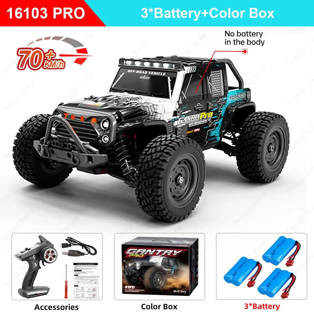 Teeggi 16101/16102 PRO 1:16 RC car with LED lights, 4WD; Simples Market; includes accessories, color box, 3 batteries.
