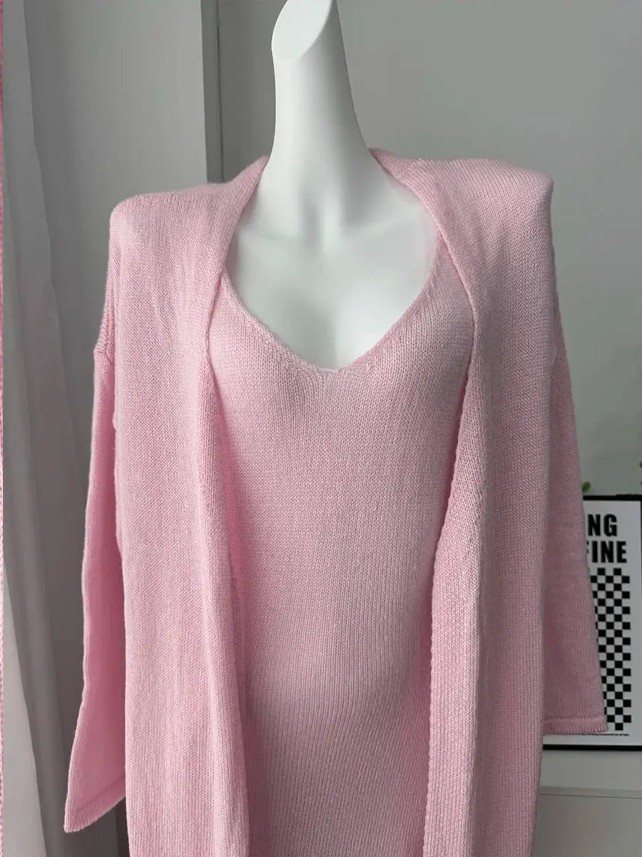 Three Piece Women Cardigan Vest Dress Set With Long Sleeve Outfit