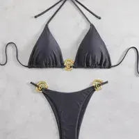 Simples Market 2-piece black mesh bikini set with gold hardware and lace-up neck top