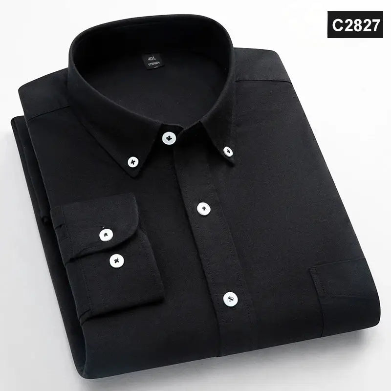 Men's black 100% cotton Oxford long-sleeve button-down shirt with single chest pocket