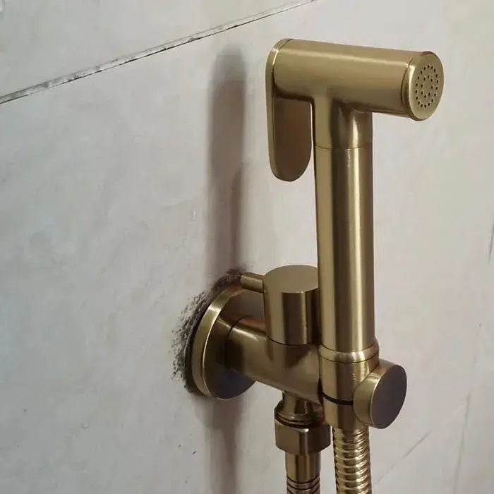 Brass handheld bidet shower set with wall mount, brushed gold finish and flexible hose.