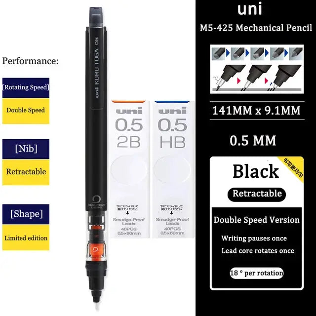 UNI KURUTOGA M5-452 mechanical pencil, black, 0.5mm, retractable rotating lead by Simples Market