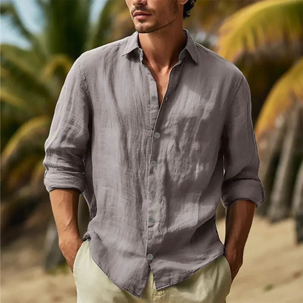 Men's cotton linen shirt, light gray, turn-down collar, lightweight breathable casual shirt