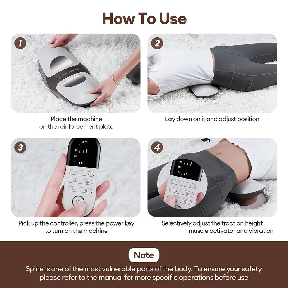 Electric lumbar traction waist massager with white-gray body and handheld remote