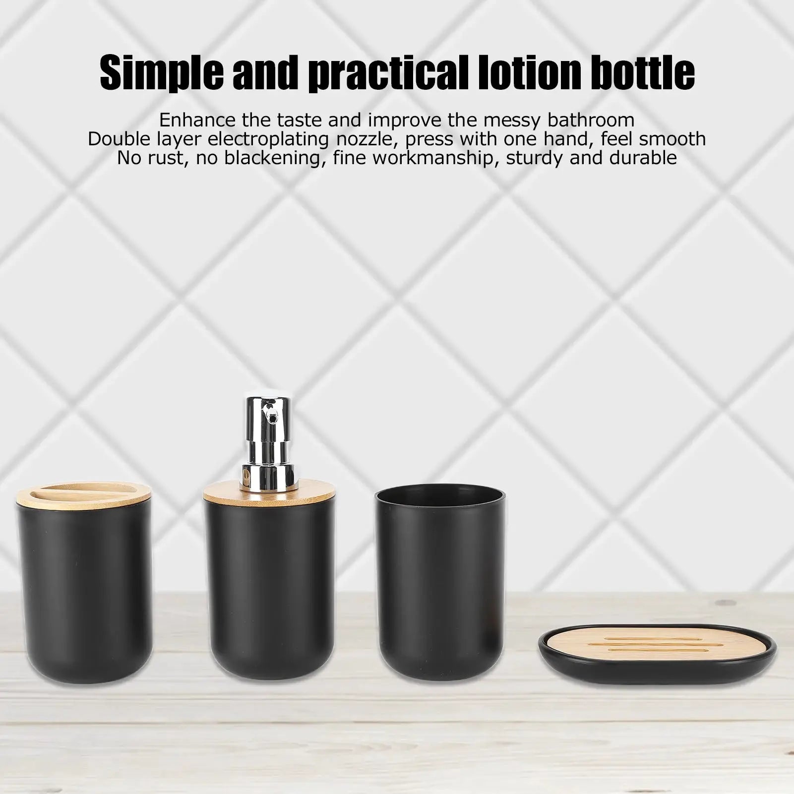 5-piece bamboo bathroom set with black dispensers, toothbrush holder, tumbler, and soap dish Simples Market