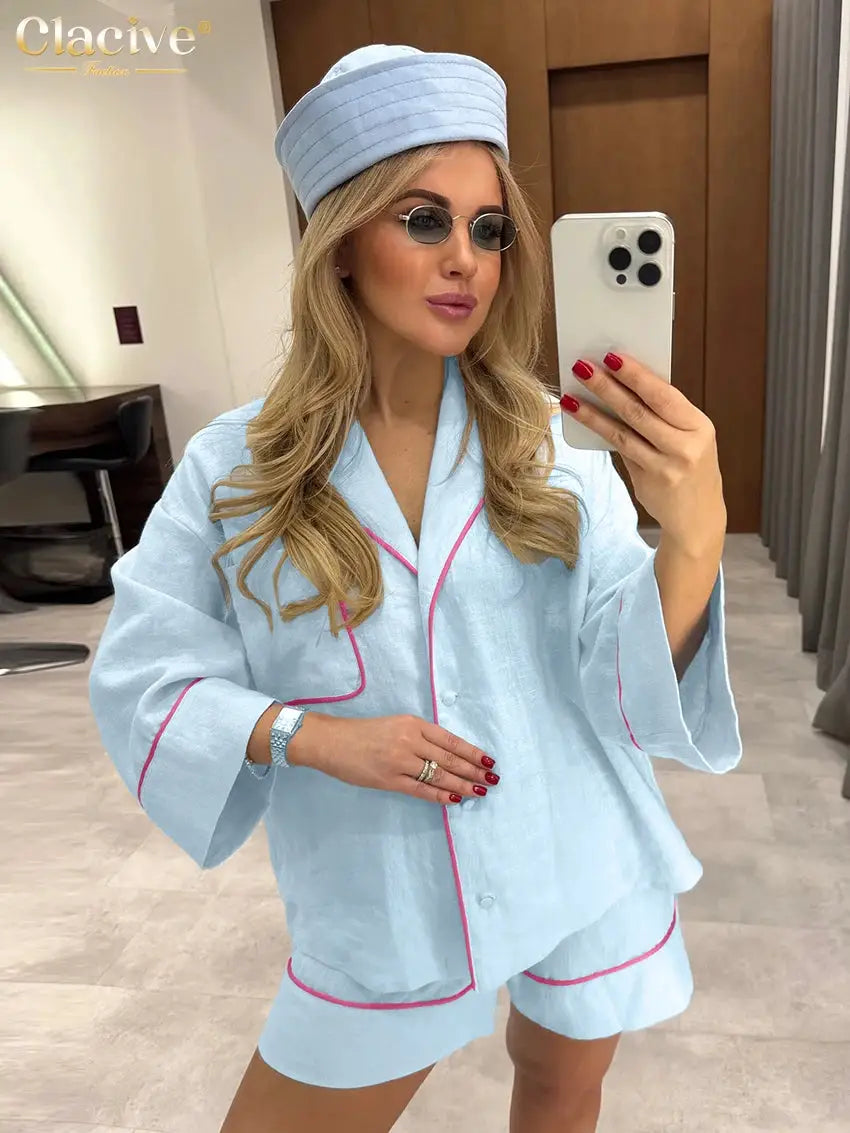 Blue Cotton Two Piece Set Women With Long Sleeve And High Waist Shorts